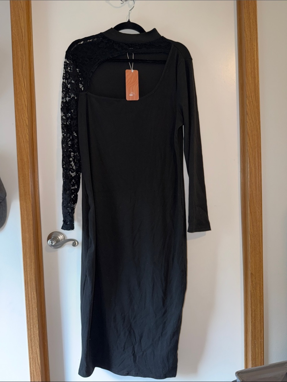 SHEIN Black Long Sleeve Midi Dress‎ with Lace Sleeve
